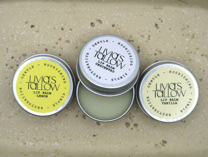 Vanilla scented grass-fed tallow lip balm for soothing lip care – Livia's Tallow